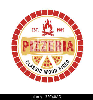 Round vintage badge design featuring pizza slices Stock Vector