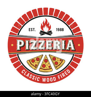 Circular vintage style badge template for an italian restaurant featuring delicious pizza slices Stock Vector