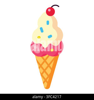 Ice cream cone with two scoops, sprinkles, and a cherry topping, representing dessert, summer treat, and sweet snack food Stock Vector