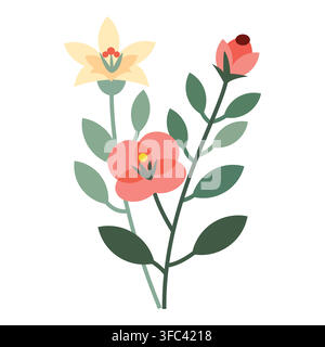 Botanical spring bouquet with blooming flowers and green leaves in flat illustration style on white background Stock Vector