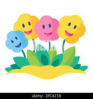 Happy cartoon flowers blooming in a garden, smiling faces showing joy and happiness, colorful nature illustration Stock Vector