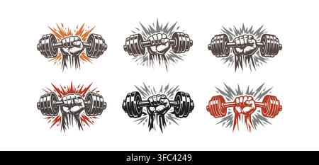 A set of six varied graphic illustrations featuring hands gripping dumbbells with different colored starburst Stock Vector