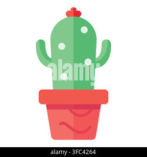 Green potted cactus icon with red flower and arms representing desert flora and succulent plants Stock Vector