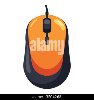 Wired computer mouse in vibrant orange and dark grey design with a scrolling wheel, symbolizing digital interaction and technology Stock Vector