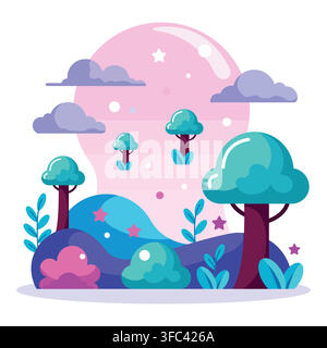 Fantasy landscape with colorful trees, bushes, and rolling hills under a dreamy pink sky with clouds and stars Stock Vector