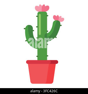 Cactus plant with pink flowers growing in a red pot, a houseplant illustration in flat design style Stock Vector