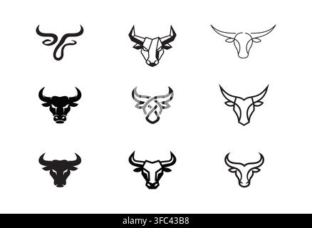 A set of stylized bull head illustrations and logo concepts featuring minimalist lines and geometric animal shapes Stock Vector