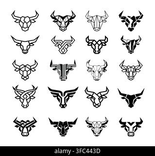 Collection of various minimalist bull head logos and symbols in black and white style Stock Vector