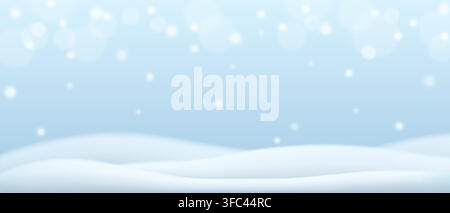 Soft winter landscape background with smooth snowdrifts, gentle snowfall and glowing snow particles Stock Vector