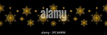 Golden line snowflakes and stars elegant seamless horizontal Christmas border on a black background Stock Vector