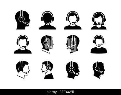 A collection of black and white vector icons representing customer service agents wearing headsets in various profiles Stock Vector
