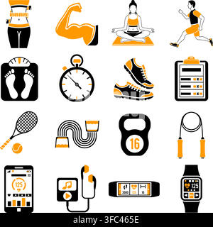 Fitness, Gym, Health two color Icons Set with Yoga, Runner, Scales and Gadgets. Isolated vector illustration Stock Vector