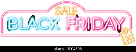 Black Friday Sale neon banner. Design signboard for blackfriday sale on brickwall texture. Realistic vector illustration. Stock Vector