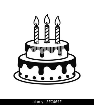 Black and white vector illustration of a tiered birthday cake decorated with polka Stock Vector