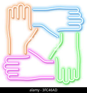 Neon signboard joined hands together. teamwork, collaboration or friendship. Bright night signboard on brick wall sign. Vector illustration realistic Stock Vector
