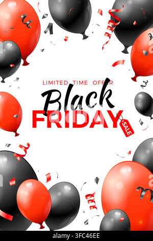 Black Friday Sale Poster with glossy red and black balloons and confetti. Design for blackfriday sale. Realistic vector illustration on white backgrou Stock Vector