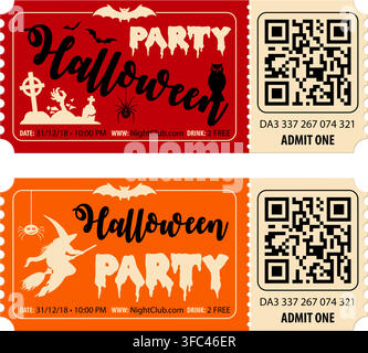 Two Halloween Party Tickets with Witch, Bat, Zombie and Halloween Lettering. Vector illustration Stock Vector