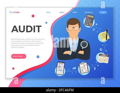 Auditing, Tax, Accounting. Auditor Holds Magnifying Glass in Hand and Checks Financial Report with Charts, Calculator and Smartphone. Flat Icons landi Stock Vector