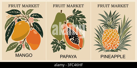 Retro fruit market poster mango, papaya, pineapple Stock Vector