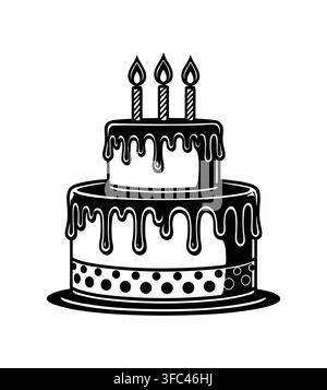 Black and white graphic of a decorated two-tiered birthday cake with polka dot borders and three candles Stock Vector