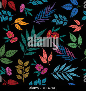 Seamless vector pattern featuring colorful hand drawn leaves and small bright flowers on a dark black background. Stock Vector