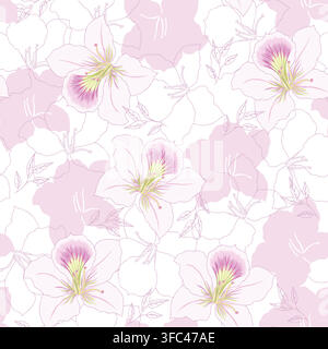 Seamless vector pattern featuring delicate white and pink flowers with overlapping translucent petals and fine line art details on a light background. Stock Vector
