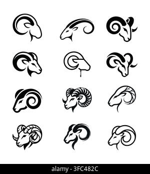 Side view illustrations of ram and goat heads displaying large curved horns Stock Vector