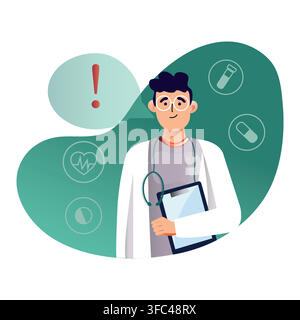 Young male doctor with stethoscope holding clipboard with medical icons and red exclamation mark. Healthcare concept, medical warning or diagnosis adv Stock Vector
