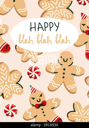 Happy Holidays Christmas Greeting with Gingerbread Cookie, Candy Cane, Snowflake and Festive Sweet Treats. Vector illustration Stock Vector