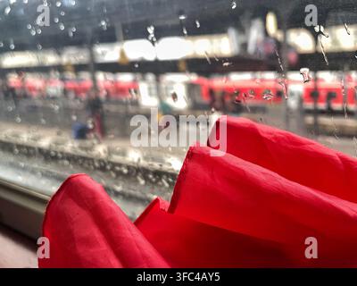 Red red umbrella seen through a rain-covered window on a train Stock Photo