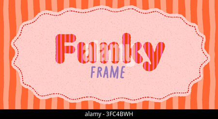 Funky scallop frame with whimsical groovy border and textured shape on seamless background in orange, pink and purple y2k colors. Abstract frame Stock Vector