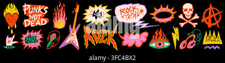 Punk sticker rock doodle set with guitar, skull, fire and music symbols in colorful grunge style on black background. Rock sticker and punk graphics Stock Vector