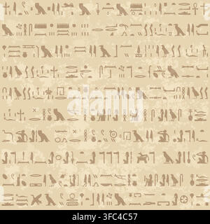 Seamless Egyptian hieroglyphs pattern in warm golden beige and tan, with ancient symbols, figures and textured layers for timeless decorative designs. Stock Vector
