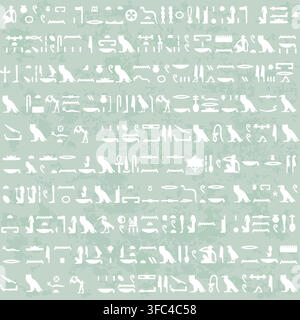 Seamless Egyptian hieroglyphs pattern in pale sage green and ivory white, with ancient symbols, figures and textured layers for elegant designs. Stock Vector