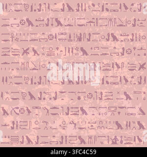 Seamless Egyptian hieroglyphs pattern in dusty rose pink and muted mauve, with ancient symbols, figures and textured layers for decorative designs. Stock Vector