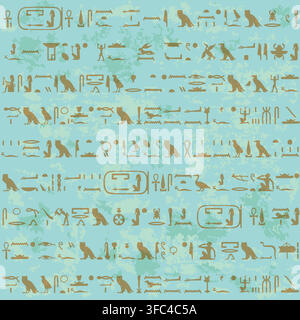 Seamless Egyptian hieroglyphs pattern in turquoise and ochre gold, with ancient symbols, figures and textured layers for bold decorative designs. Stock Vector