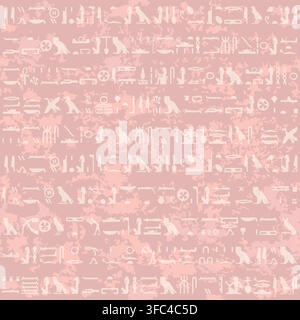 Seamless Egyptian hieroglyphs pattern in soft blush pink and ivory white, with ancient symbols, figures and textured layers for delicate designs. Stock Vector