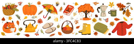 Autumn element set with harvest basket and cozy home objects like kettle, slippers and blanket. Sleeping fox curls beside acorns near fallen leaves Stock Vector