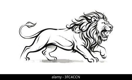 Majestic roaring lion stylized line drawing with a striking black and white Stock Vector