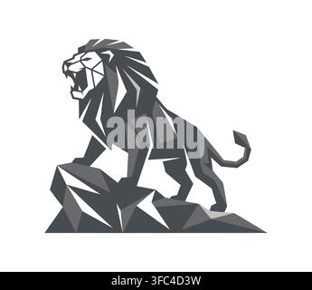 Roaring lion standing on rock mountain silhouette graphic with mountain Stock Vector