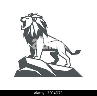 Roaring lion standing on rock mountain silhouette graphic with mountain Stock Vector