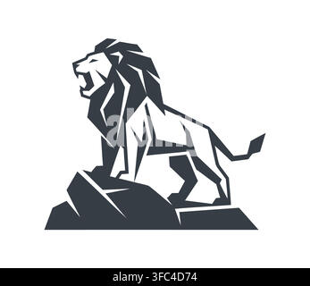 Roaring lion standing on rock mountain silhouette graphic with mountain Stock Vector