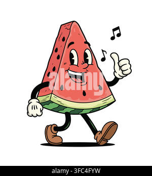 Cheerful vintage style watermelon slice character walking happily while enjoying music with notes floating around Stock Vector
