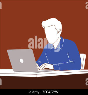 Stylized graphic of a person typing on a notebook computer with a solid color backdrop Stock Vector