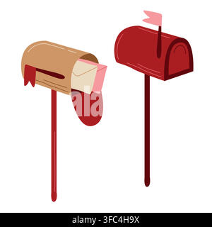Hand-drawn illustrations of envelops and rural mailboxes with flags, could be used as Santa Christmas mail for seasonal decor Stock Vector
