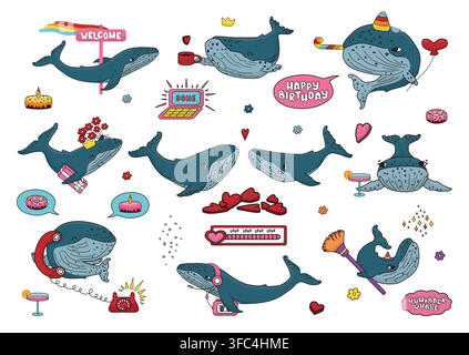 Cute isolated cartoon vector hand-drawn whale birthday party illustration whales with cakes, balloons, flowers, hearts, gifts, drinks, telephone Stock Vector