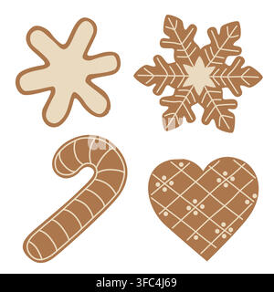 Hand-drawn illustrations of iced Christmas gingerbread cookies with winter holiday decor and candy cane, snowflake and heart shape Stock Vector