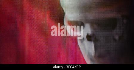 Skull with glitch effect and halftone pattern representing death and mortality. Digital close up pixel art Stock Photo