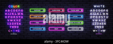 Neon rectangular web buttons with labels Support, Contact, FAQ, Donate on dark brick wall. Bright UI set includes editable font in color and white for Stock Vector