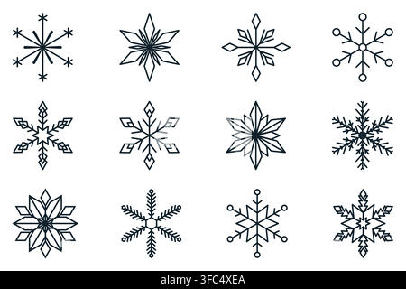 Vector geometric black line snowflakes set. Minimalist winter shapes collection isolated on white background. Holiday graphic design elements for Chri Stock Vector